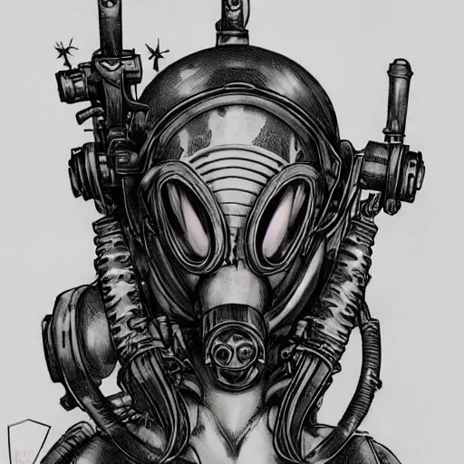 Image similar to beautiful bishoujo maiden queen ww1 soldier gas mask, xenomorph, biomech, lithograph, engraving, monochrome, portrait, character design, worn, dark, manga style by yoshitaka amano, tsutomo nihie, kelly mckernan, peter mohrbacher, harry clarke, takayuki takeya, machinerie, industrial warfare,