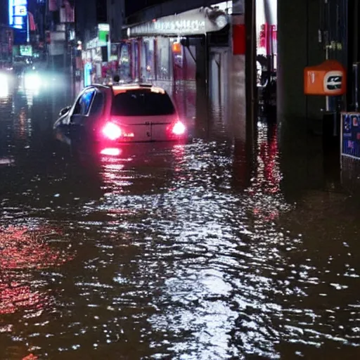 Image similar to seoul city is flooded by heavy rain. A car is middle of the street flooded.