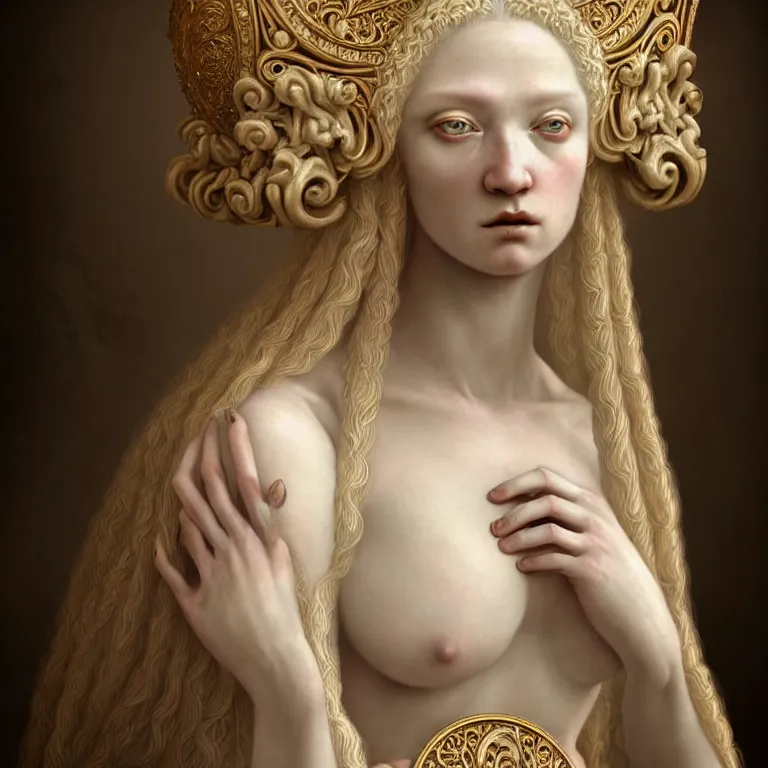 Image similar to renaissance style a wonderful woman albino goddess with a wonderful face and realistic arms and hands and realistic body with long intricate hair with a beautiful porcelain symmetrical body dressed with a majestic warp ornate cream long cotton dress, hightly ornate, intricate, detailed, dramatic light, cinematic, award winning, octane render, tom bagshaw style