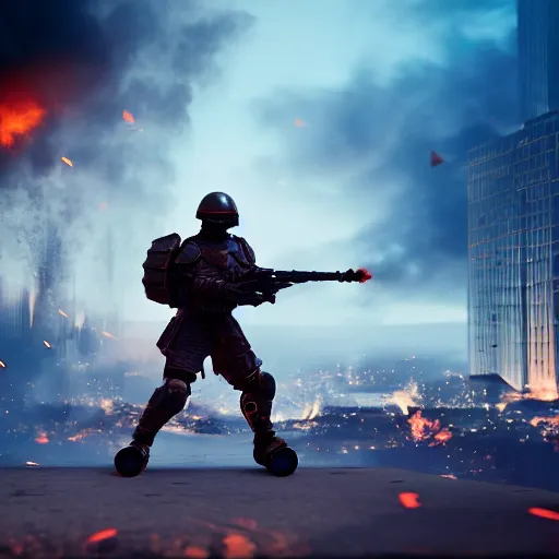 Image similar to Heavily armored soldier with a shield riding a hoverboard with several buildings on fire behind him, cinematic lighting, highly detailed, 8k octane render