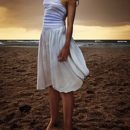 Image similar to portrait of a beautiful a young cornish woman, beach pic, depth of field, zeiss lens, detailed, symmetrical, centered, fashion photoshoot, by annie leibovitz and steve mccurry, david lazar, jimmy nelsson, breathtaking, 8 k resolution, extremely detailed, beautiful, establishing shot, artistic, hyperrealistic, beautiful face, octane render