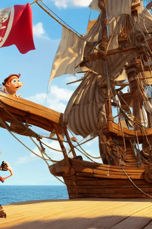 Prompt: a great pirate on his old pirate ship with a pirate flag. pixar disney 4 k 3 d render funny animation movie oscar winning trending on artstation and behance. ratatouille style.