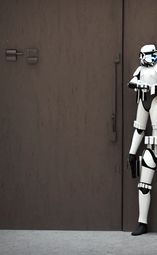 Prompt: A stormtrooper guarding the door of a cantina in Mos Eisley, octane, hd, 8k, rich deep moody colors