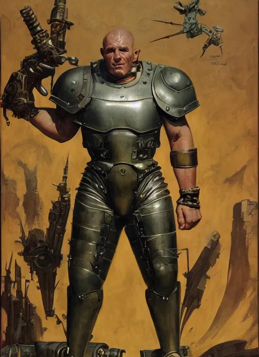 Image similar to 5 0 s pulp scifi fantasy illustration full body portrait martyn ford as huge armoured giant by norman rockwell, roberto ferri, daniel gerhartz, edd cartier, jack kirby, howard v brown, ruan jia, tom lovell, frank r paul, jacob collins, dean cornwell, astounding stories, amazing, fantasy, other worlds