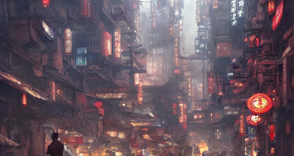 Image similar to craig mullins and ghibli digital art of chinatown street, sunset alley, erlang shen yang jian in a mecha shuttles through the ancient city of china, cyberpunk style, unreal engine, hyper realism, realistic shading, cinematic composition, realistic render, octane render, detailed textures, photorealistic, wide shot