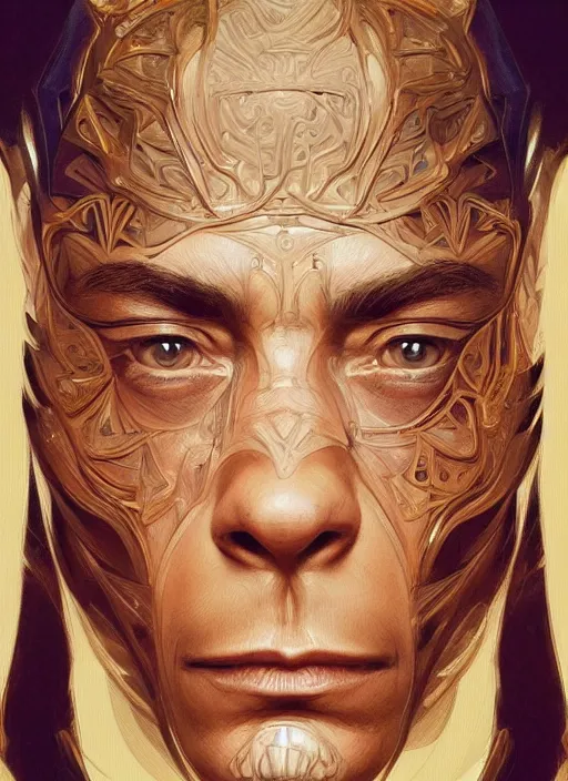 Image similar to symmetry!! jean claude van damme, machine parts embedded into face, intricate, elegant, highly detailed, digital painting, artstation, concept art, smooth, sharp focus, illustration, art by artgerm and greg rutkowski and alphonse mucha, 8 k