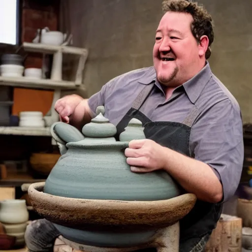 Image similar to johnny vegas making a very very big teapot out of wet clay, on a pottery wheel, art school, artist, studio, performance, photorealistic