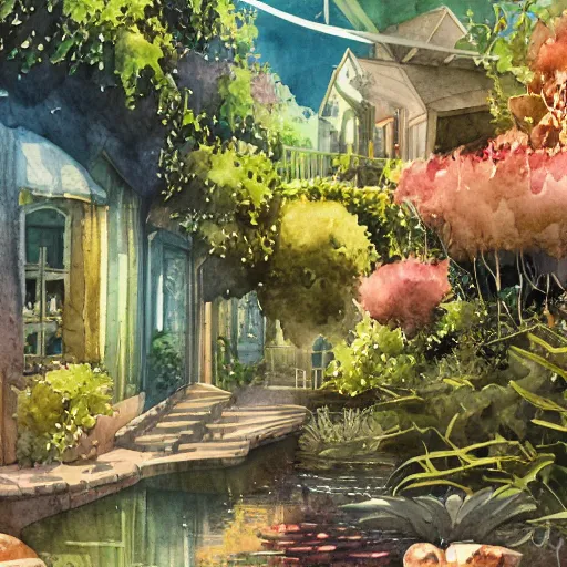 Image similar to Beautiful happy picturesque charming sci-fi town in harmony with nature. Beautiful light. Water and plants. Nice colour scheme, soft warm colour. Beautiful detailed watercolor by Lurid. (2022)