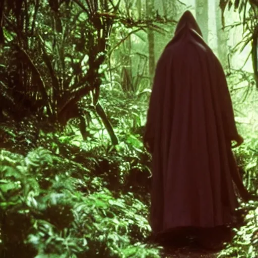 Image similar to a man wearing a long cloak and hood, walking through a lush jungle, film still, arriflex 3 5 extremely high detail