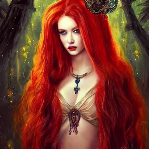 Image similar to Fantastic, fairytale, portrait, painting, beautiful!, female mage!, long flowing red hair, flames emitting from fingertips, ornate gown, smoldering, serious, royalty kingdom, royal court, hyperreal, photoreal painting, dungeons and dragons