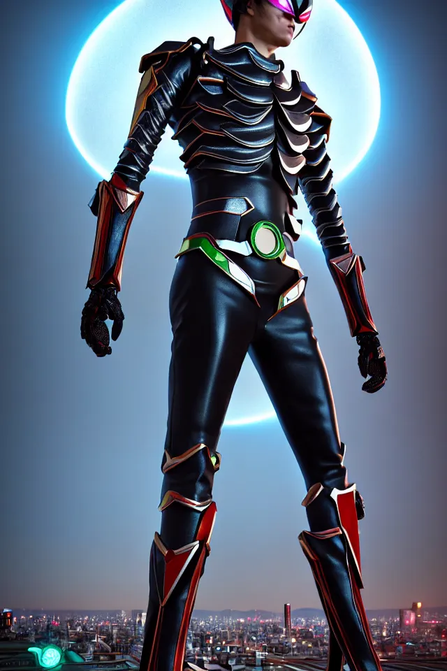 Image similar to kamen rider big belt hero sction pose, full body portrait, human structure bee concept art, human anatomy, intricate detail, hyperrealistic art and illustration by irakli nadar and alexandre ferra, blurry and sharp focus, on future tokyo night rooftop, unreal 5 engine highlly render, global illumination