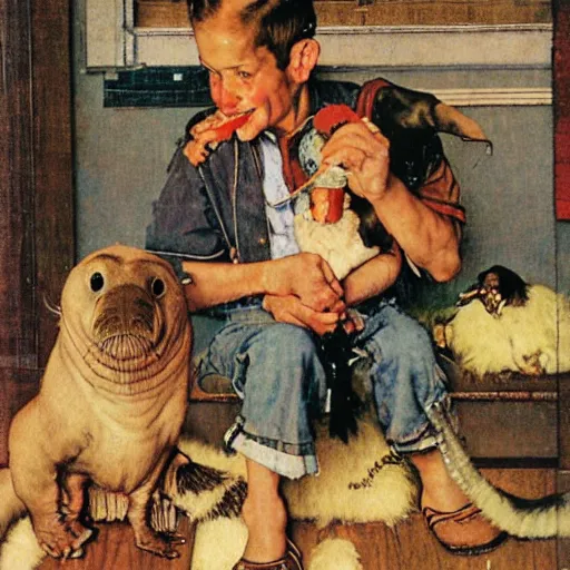 Prompt: a Norman Rockwell painting of a boy and his pet baby walrus