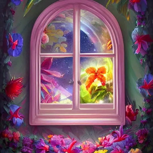 Image similar to a window full of tropical flowers, inside the window you can see the galaxy, fantasy art, trend in artstation