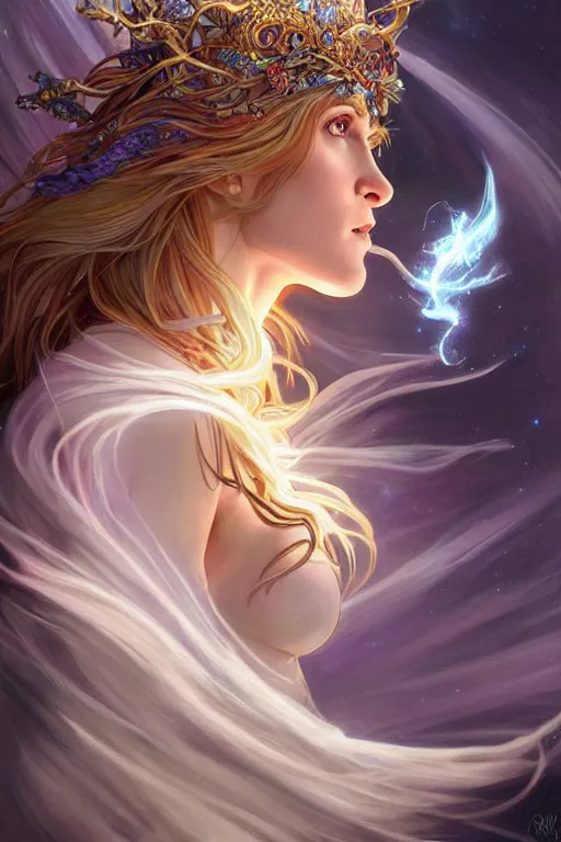 Image similar to white witch crafting magic spells, side view, crafting spells, bright witch, flying, fantasy, chaos, magic, dark magic, dramatic lighting, intricate, wild, highly detailed, digital painting, artstation, concept art, smooth, sharp focus, illustration, art by artgerm and greg rutkowski and alphonse mucha, footage from space camera