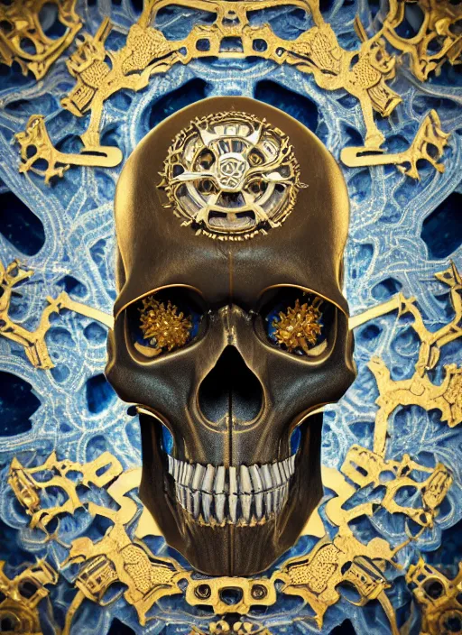 Prompt: 3d render ultra detailed of a skull, art deco, intricate gears details, hyperrealistic, ultra detailed, elegant, octane render, blue and gold, 8k, trending on Artstation, unreal engine