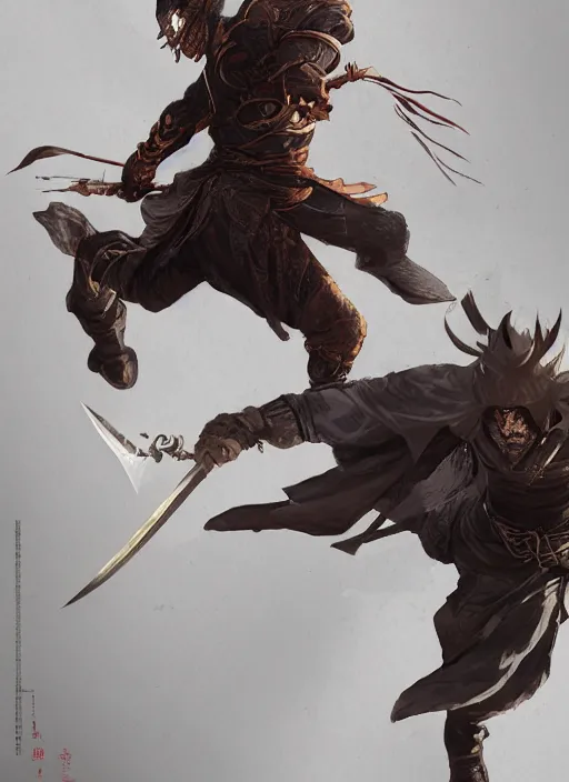 Prompt: masked male assassin throwing a starknife by wlop, wuxia, xianxia, weathered skin, atheistic, flying, detailed, realistic, anatomically accurate, fantasy illustration, artstation, wlop, wang liang.