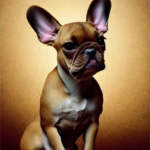 Image similar to renaissance painting of a fawn french bulldog