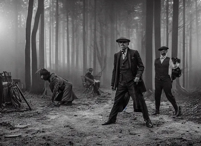 Prompt: an action scene from peaky blinders, medium long shot, filmed in the dark woods, a cabin in the background, faces covered in shadows, detailed and symmetric faces, black and white, cinematic, epic,