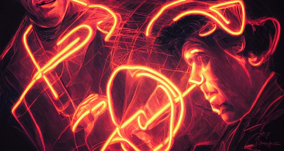 Image similar to nikolai tesla, a portrait, electrical arcs, neon glow, highly detailed, digital art, intricate, dramatic lighting, neon colors, cinematic, holographic runes, art by artgerm, greg rutkowski, guy denning