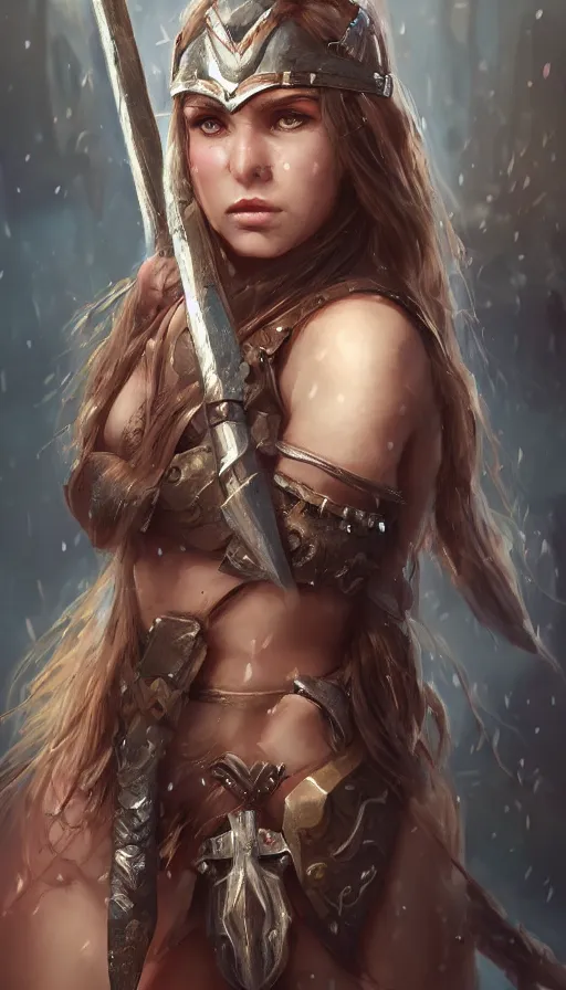 Image similar to head and shoulders focus portrait of a barbarian female high quality focus by wlop and rosstran