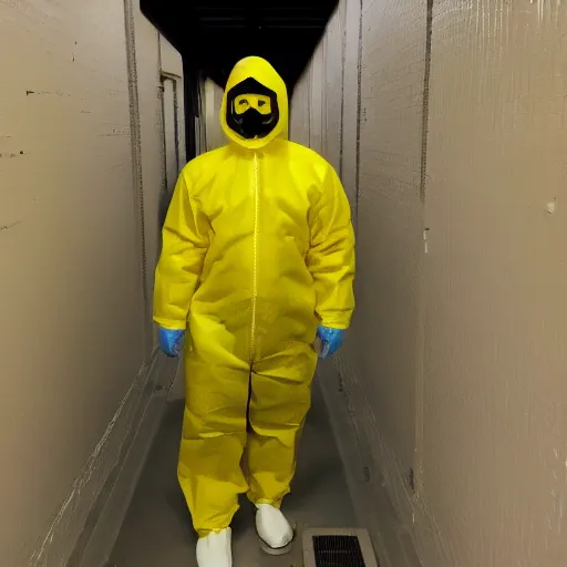 Image similar to a man wearing a yellow hazmat suit inside the dark empty backrooms, liminal space, flickering fluorescent lights, eerie mood