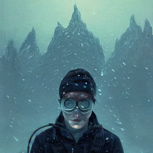 Image similar to 3 d, sci - fi, close - up, winter, man esthete with disgust face, moon, cinematic, fog, moon rays, vogue cover style, poster art, deep blue mood, realistic painting, intricate oil painting, high detail illustration, figurative art, multiple exposure, poster art, by tooth wu and wlop and beeple and greg rutkowski