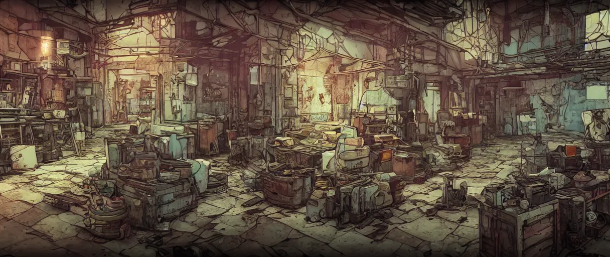 Image similar to abandoned laboroatory faded out colors place mosquet painting digital illustration hdr stylized digital illustration video game icon global illumination ray tracing advanced technology that looks like it is from borderlands and by feng zhu and loish and laurie greasley, victo ngai, andreas rocha, john harris