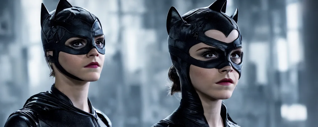 Image similar to Emma Watson as catwoman, movie scene, 8k wallpaper, XF IQ4, 50mm, F1.4, studio lighting, professional, 8K, Look at all that detail!, Dolby Vision, UHD