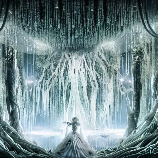 Image similar to under an white intricate like jewels epic forest suspended in the air upside down, a white pool with intricate epic circles of water within which float phantasmagoric biorobotic humanoids, dressed in intricate veils and jewels, epic environment, matte painting, diffused lighting, highly detailed, cinematic, epic atmosphere, digital art, trending on artstation, wide angle