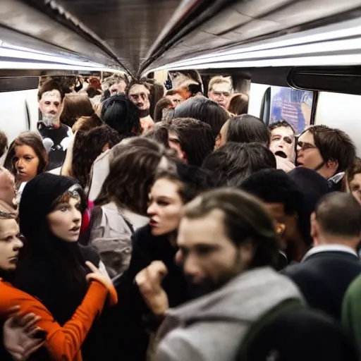 Prompt: Master shot of a group of friends talking while standing inside a crowded compartment of the New York metro full of people in Halloween costumes, scary costumes, cinematic, 4k, thriller