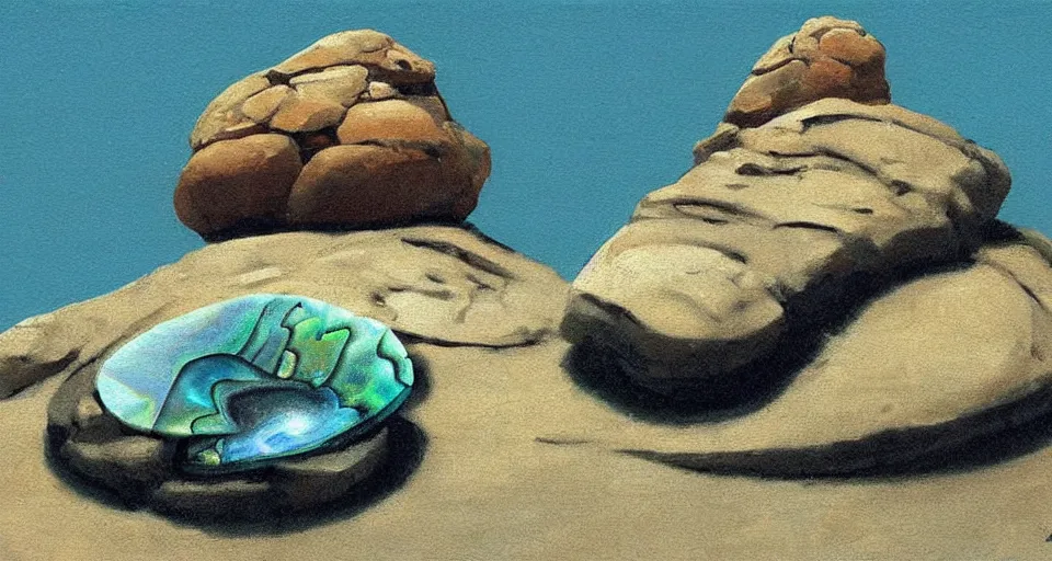 Prompt: oil painting of a tiny abalone seashell house on top of a rock, by roger dean, syd mead, cell, concept art, minimalist, cinematic color scheme