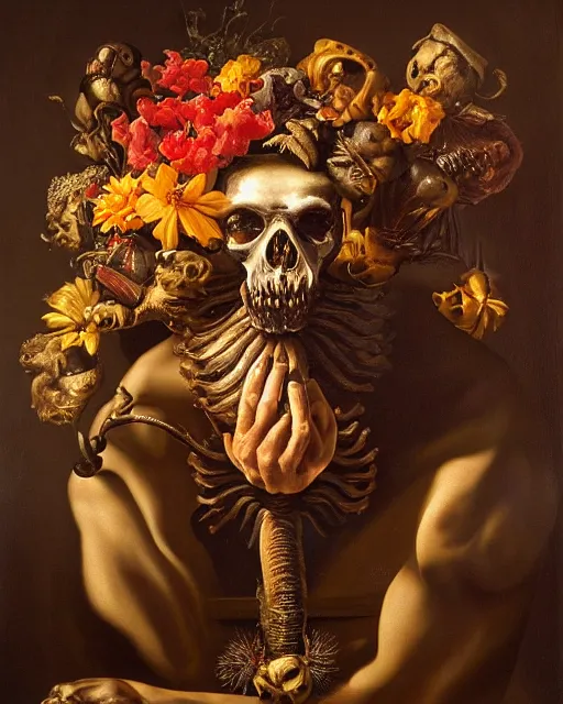 Image similar to refined gorgeous blended oil painting with black background by christian rex van minnen rachel ruysch dali todd schorr of a chiaroscuro portrait of an extremely bizarre disturbing mutated man made of still life flowers and rubber insects with shiny skin acne dutch golden age vanitas intense chiaroscuro cast shadows obscuring features dramatic lighting perfect symmetry perfect composition masterpiece