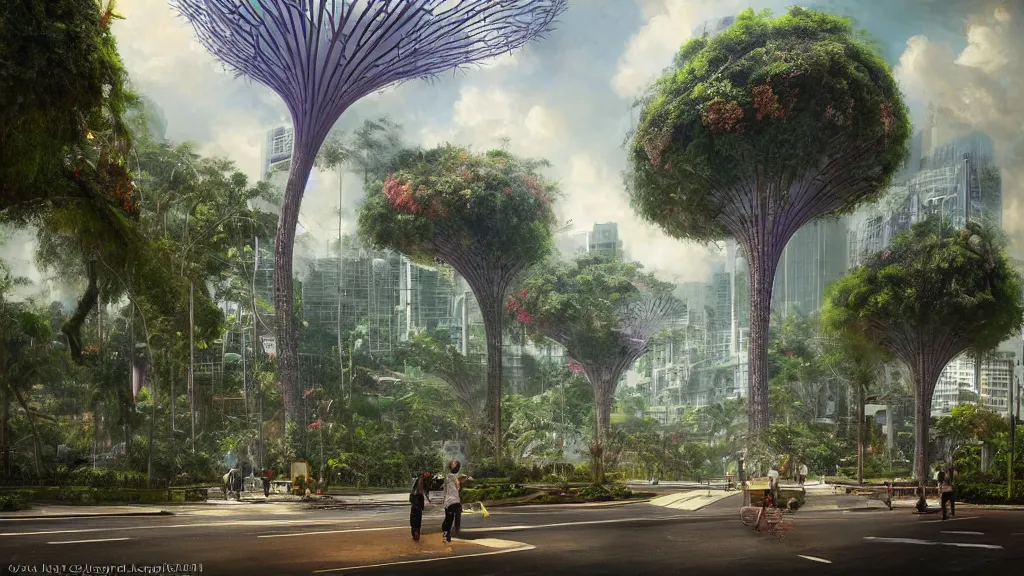 Image similar to giant orchid growing in the middle of singapore city, andreas achenbach, artgerm, mikko lagerstedt, zack snyder, tokujin yoshioka