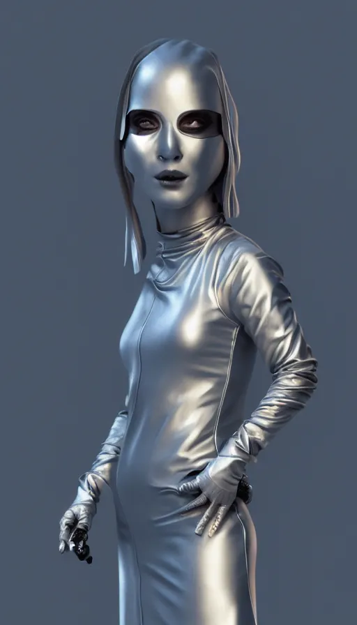 Image similar to a woman wearing a silver dress and a silver mask, cyberpunk art by zhou fang, cgsociety, computer art, daz 3 d, zbrush, rendered in maya