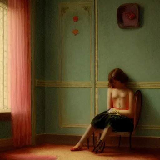 Image similar to a a lonely girl in a liminal room, film still by wes anderson, depicted by velazquez, limited color palette, very intricate, art nouveau, highly detailed, lights by hopper, soft pastel colors, minimalist