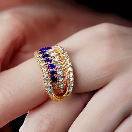Prompt: a magnificent luxurious design of a female finger ring with a huge sapphire on which intricate patterns with interspersed small diamonds bend with a thin gold thread. hyper - realistic photo. full screen. very clear details.