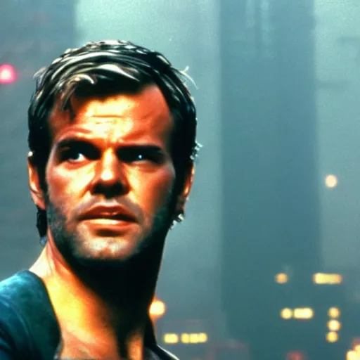 Image similar to very young Jack Nicholson as Rick Deckard on blade runner 1982, smiling, wide angle lens, 35mm, movie still, city lights on the background, in color, movie frame, detailed face, symmetrical face, 4k