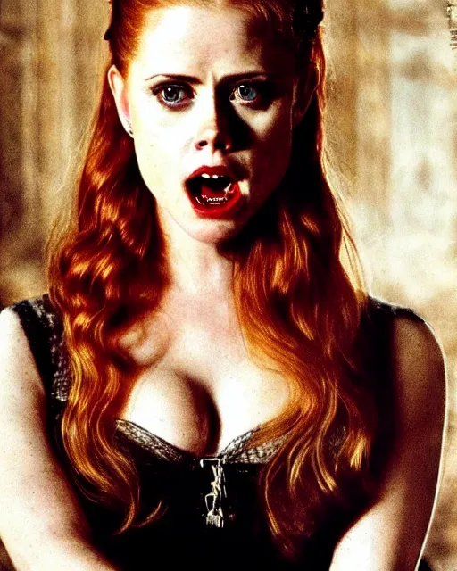 Prompt: style of tintoretto : : gorgeous vampire amy adams : : sharp teeth fangs, open mouth sneer : : symmetrical face, symmetrical eyes : : gorgeous red hair : : magic lighting, low spacial lighting : :