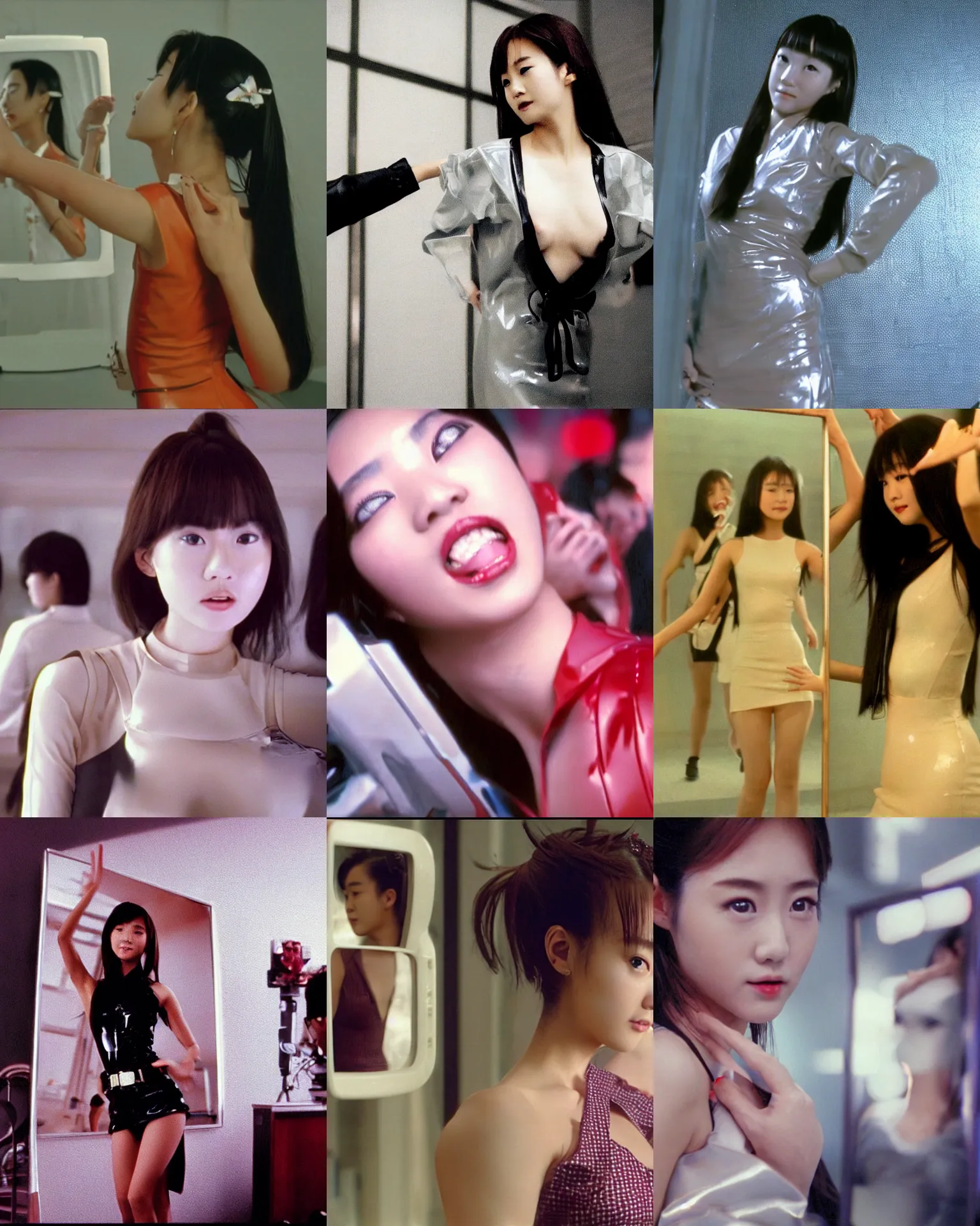 Image similar to Worksafe,clothed.1990s,unbelievably beautiful,perfect,dynamic,epic,cinematic movie shot of a close-up japanese beautiful cute young J-Pop idol actress girl in latex dress,reflected in giant mirror,expressing joy and posing.By a Chinese movie director.Motion,VFX,Inspirational arthouse,high budget,hollywood style,at Behance,at Netflix,Instagram filters,Photoshop,Adobe Lightroom,Adobe After Effects,taken with polaroid kodak portra