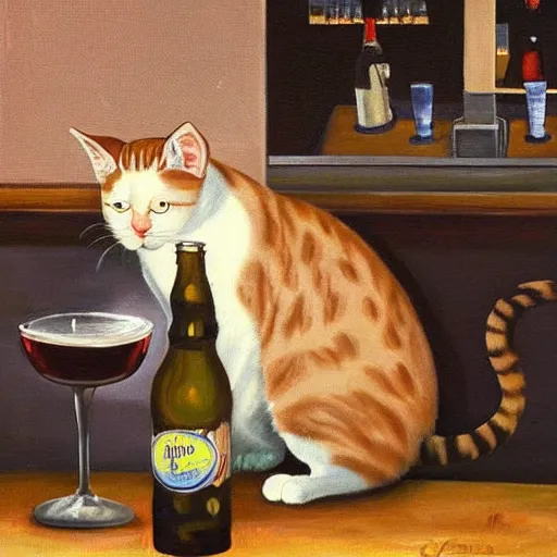 Image similar to oil in canvas of a cat drinking beer a bar, it is sad