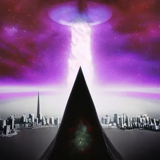 Image similar to red-hooded magician casting purple colored spells at 911 WTC Twin Towers, white glowing souls flying out of the towers into cosmic black hole sky, beautiful hyper realistic award winning photograph in the style of The Lord of the Rings