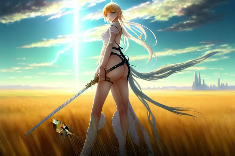 Image similar to wlop's legendary and beautiful anime - style digital painting of saber lily standing in a field of wheat, facing the far - off city to the west, intricate details, ultra realistic, beautiful art, volumetric lighting, by wlop, by art germ, by brom, trending cgsociety, artstation