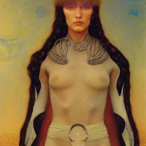 Prompt: masterpiece full body portrait of a beautiful female Fremen on Dune, by Edgar Maxence and Ross Tran and Michael Whelan and Gustav Klimpt