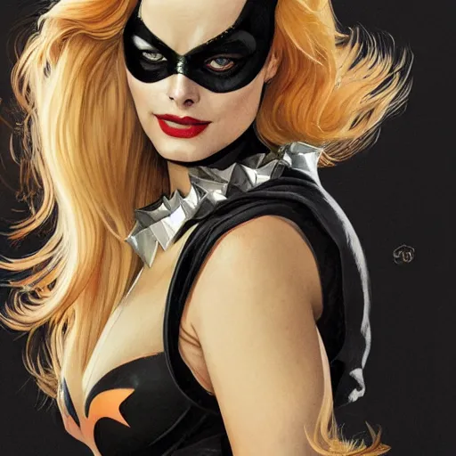 Image similar to margot Robbie as batgirl, uniquely beautiful, fantasy, intricate, elegant, highly detailed, lifelike, photorealistic, digital painting, artstation, concept art, smooth, sharp focus, illustration, art by John Collier and Albert Aublet and Krenz Cushart and Artem Demura and Alphonse Mucha,