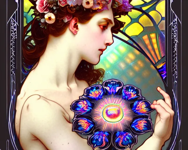 Image similar to overlord, rococo and art nouveau fusion, iridescent diaphanous refractive and reflective flower bouquet, tarot card, highly detailed, deep focus, elegant, digital painting, smooth, sharp focus, illustration, ultra realistic, 8 k, art by artgerm and alphonse mucha