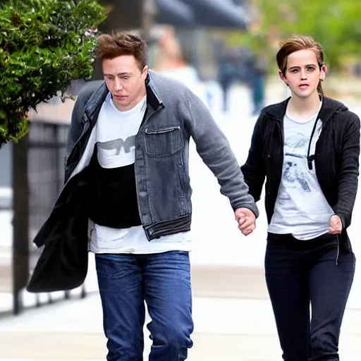 Image similar to emma watson and elon musk as a teenagers with hoodies holdings hands at the park