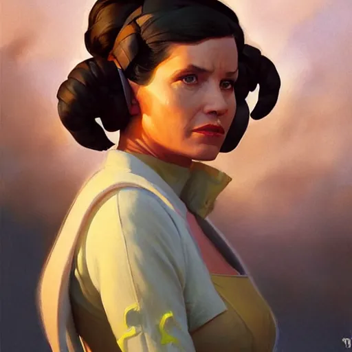 Image similar to greg manchess portrait painting of leia organa as overwatch character, medium shot, asymmetrical, profile picture, organic painting, sunny day, matte painting, bold shapes, hard edges, street art, trending on artstation, by huang guangjian and gil elvgren and sachin teng