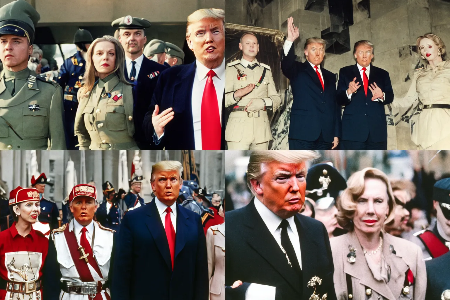 Prompt: color closeup photograph of Donald Trump wearing roman armor Reichsstaffelführer outfit saluting, Sidney Powell standing nearby wearing Schutzstaffel outfit, off-camera flash, canon 24mm f11 aperture, Ektachrome color photograph