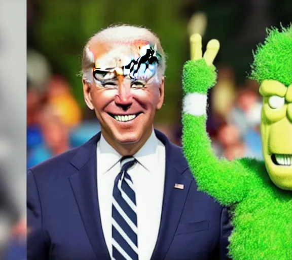 Image similar to joe biden as the jolly green giant mascot character,