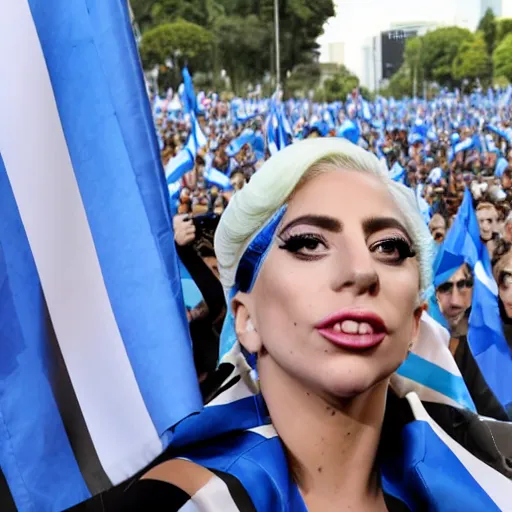 Image similar to Lady Gaga as president, Argentina presidential rally, Argentine flags behind, bokeh, giving a speech, detailed face, Argentina